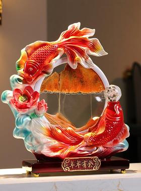 中式年年有余流沙画摆件高档家居客厅入户玄关装饰办公室招财摆设