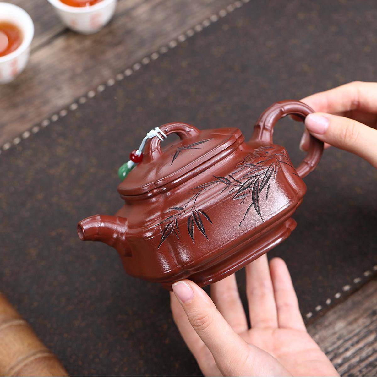 宜兴紫砂ZHIFU-38壶手工作原矿陈腐邹皮制朱泥大量刻竹竹容鼎泡茶