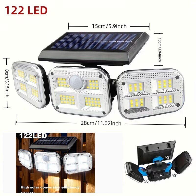 太阳能感应灯122LED/133LED三头可旋转壁灯户外光控防水道路庭院