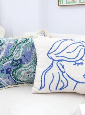 1VPR艺术蓝流苏抱枕套民宿样板间靠垫套客厅沙发床上靠枕飘窗腰靠