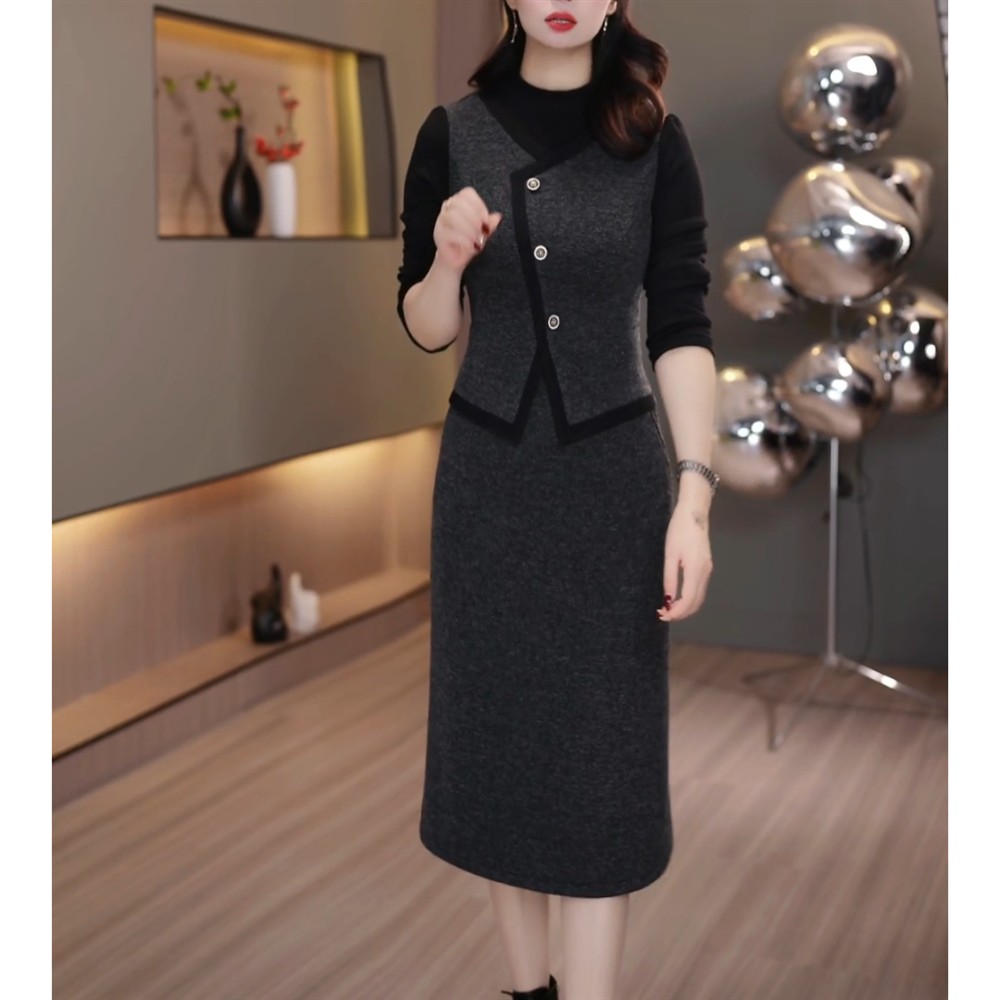 简约时尚假两件连衣裙女2026春秋新款女士气质修身显瘦减龄中长裙