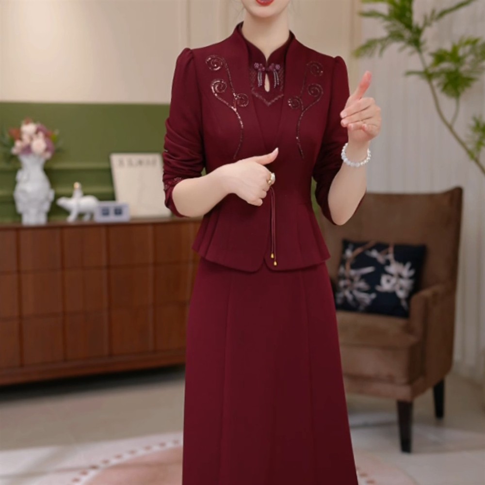 高级刺绣精纺两件套女士2026秋季时尚小外套洋气减龄连衣裙套装裙
