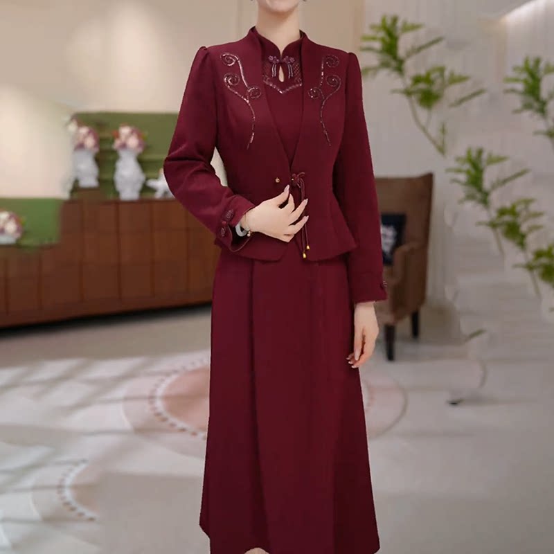 国风长袖两件套连衣裙女2026春秋新款喜婆婆妈妈婚宴礼服套装裙子