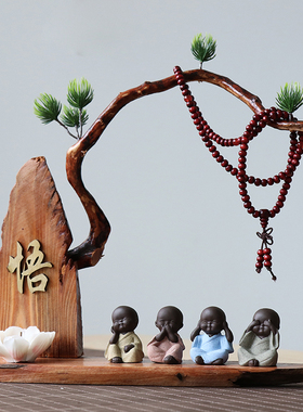 创意中式紫砂小和尚茶宠摆件禅意风D化木办公室茶室工艺品家居饰