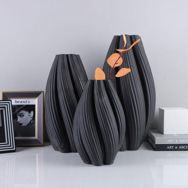 现代极简黑色麻花陶瓷花瓶摆件客厅玄关插花器样板房软装饰品摆设