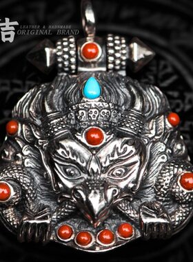 仓吉手工银饰S925银吊坠大翅金鹏鸟嘎乌盒男士项链挂坠