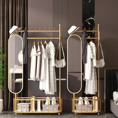 可移动落地衣架家用铁艺多功能衣帽架旋转穿衣镜一体挂衣架省空间