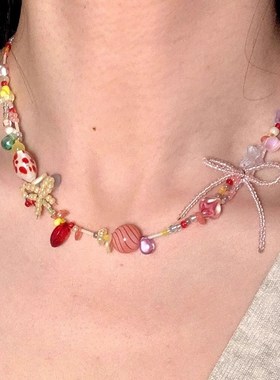夏日小清新辣妹g多巴胺糖果彩色串珠项炼2025新款轻奢高级感锁骨