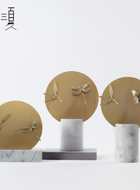 新中式禅意金属大理石软装饰品酒店过道进L门厅玄关柜圆形屏风摆