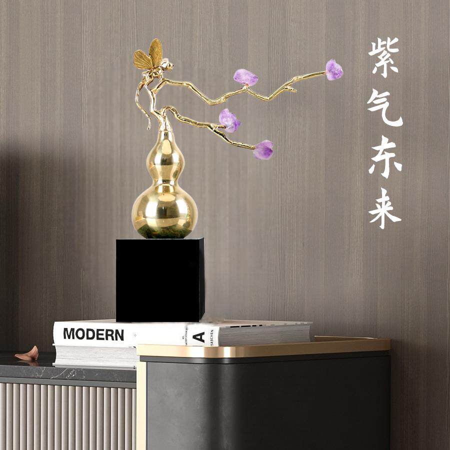 新中式紫晶石葫芦蜻蜓设计摆件大理石底座客厅电视柜玄关装饰品