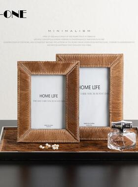 现代轻奢皮革相框摆台卧室床头柜书房桌面高档家居装饰品