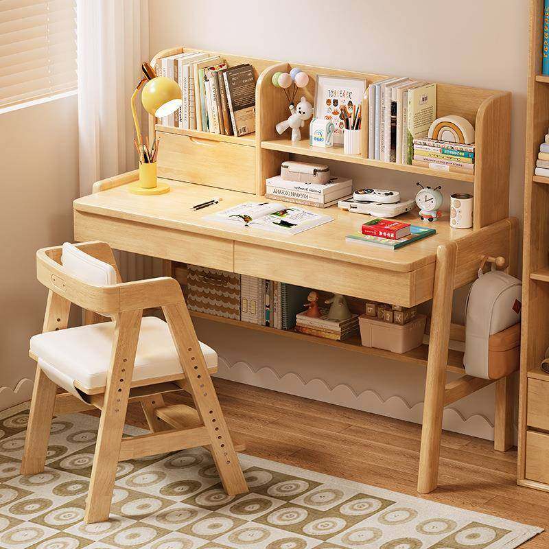 带书架儿学习桌简约生实木书桌小孩子写814字台童课家用学卧室桌