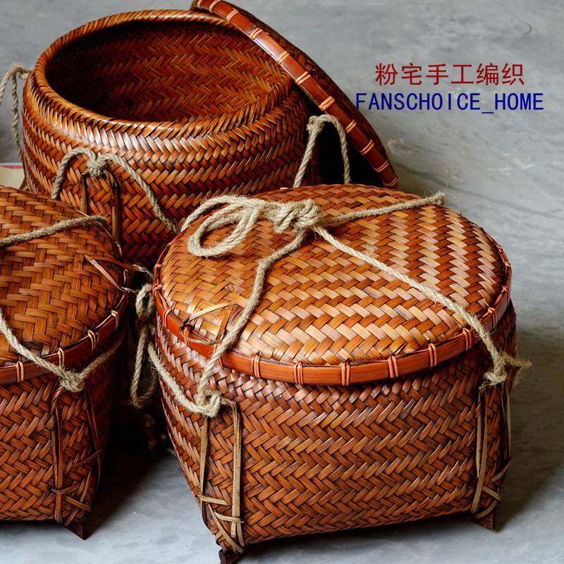 复古竹编收纳筐带盖子家用竹筐结婚喜庆竹匾担竹制品拜神竹筐染色