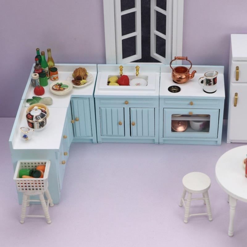 1:12娃娃屋厨房摆件模型DOLLHOUSE仿真转角橱柜蓝色灶台OB11可用