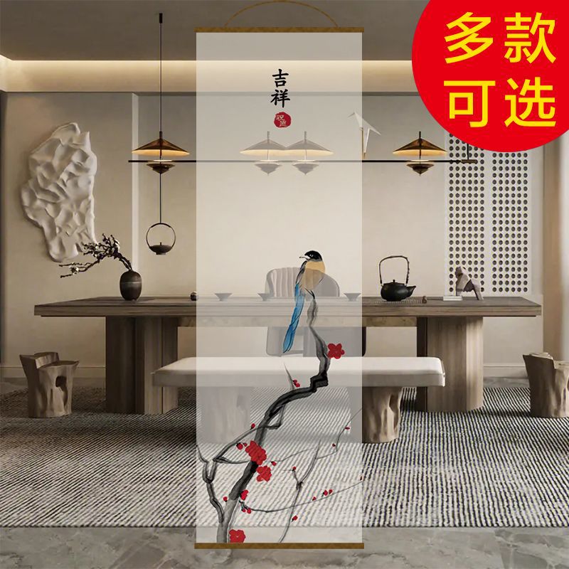 新款半透花鸟透景屏风纱中式山水卷帘隔断帘挂帘水墨窗帘纱帘透光