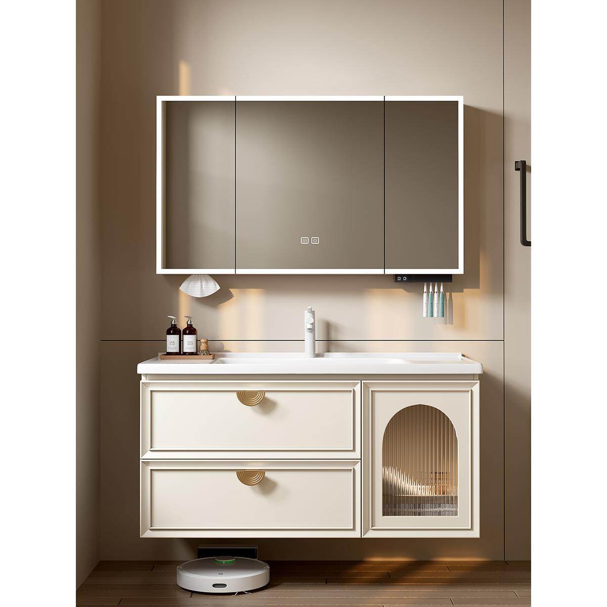 法式奶油风浴室柜组合可丽耐一体盆岩板无缝陶瓷卫生间洗漱台脸盆,电子元器件市场,其它元器件,淘宝优惠券,粉丝福利购,淘宝优惠卷