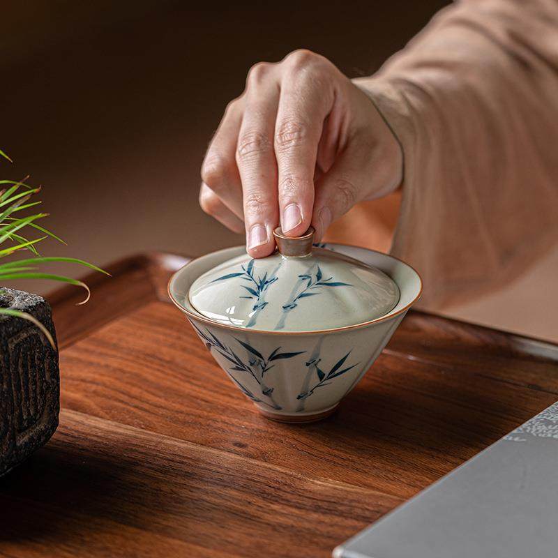 草木灰手绘竹子功夫二才盖碗复古陶瓷茶具家用单个不烫手泡茶碗,3C数码配件,其它配件,淘宝优惠券,粉丝福利购,淘宝优惠卷