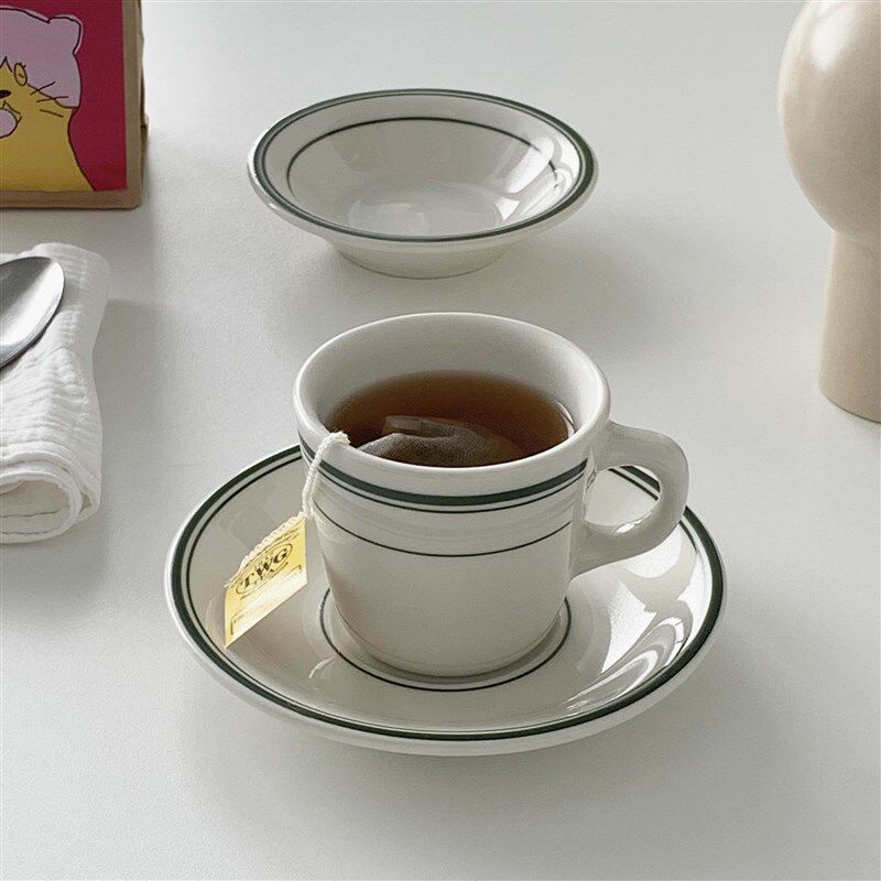 On the table - 绿线条陶瓷咖啡杯碟 简约杯碟 下午茶杯碟180ml