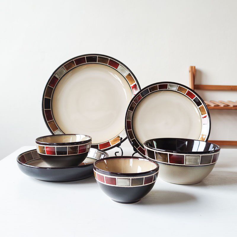 格子系列 复古风高级感菜盘汤盘深盘面碗汤碗好看的餐具套装微瑕