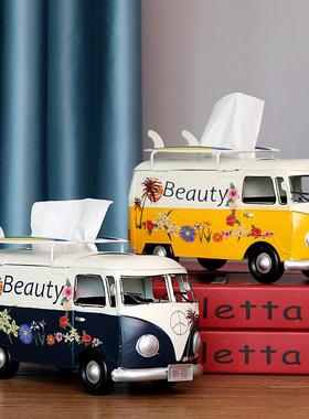 美式工业风铁艺巴士模型甲壳虫汽车模型纸巾盒抽纸盒铁艺车模摆件