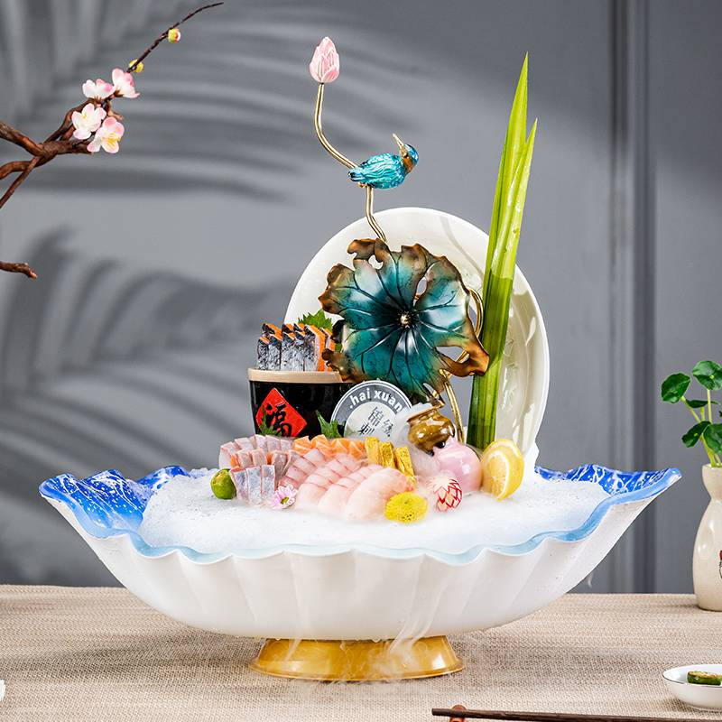 三文鱼鱼生刺身盘冰盘干冰海鲜拼盘鱼雕刺生姿造摆盘盘子