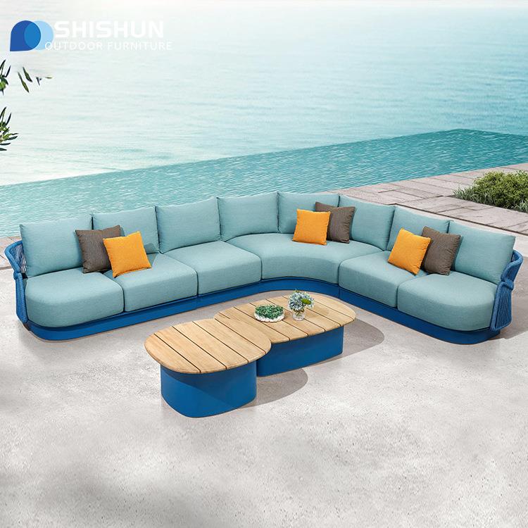 户外沙发绳编休闲组合花园弧形家具露天阳台柚木沙发茶几绳椅家具