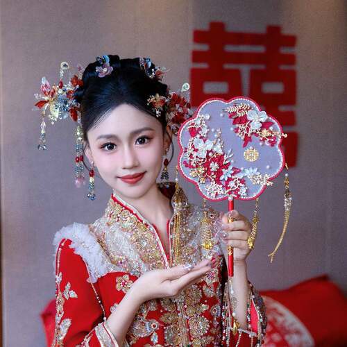 252团扇0新娘婚F96887MT材料秀禾喜扇红色成品手工婚嫁订婚古风大