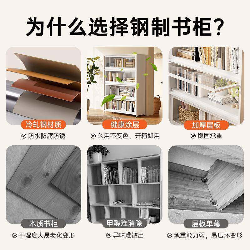 钢制书柜带玻璃防尘展书示门柜多层落地彩色翻盖儿童架家用厅客书