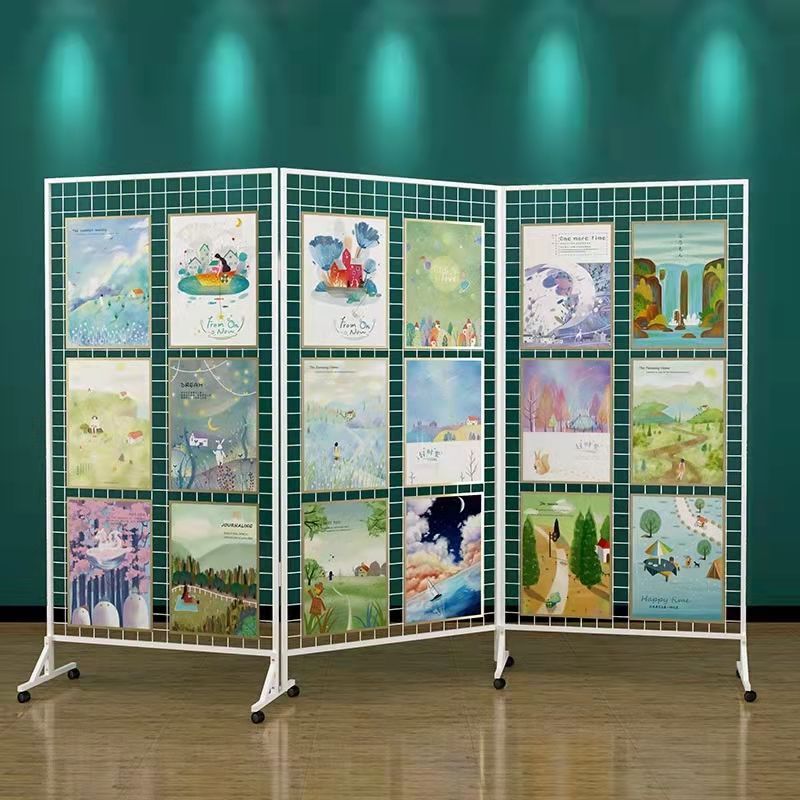 铁艺网格展示架落地幼儿园绘画作品展示墙摆摊折叠饰品架网格架子