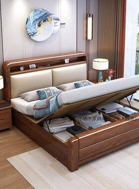 软包简胡床桃木现代约卧床全实IXJ木加厚双人床主卧次高箱储物大