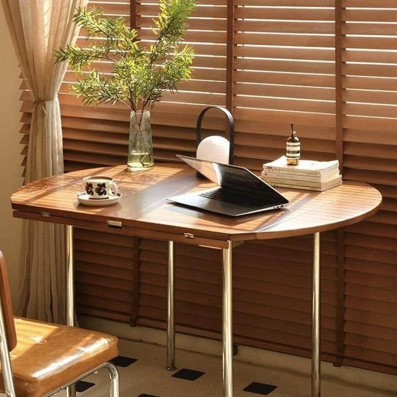 用100-黄简杨木折叠复古圆形餐桌小户型约家正方形原木中古风木厂