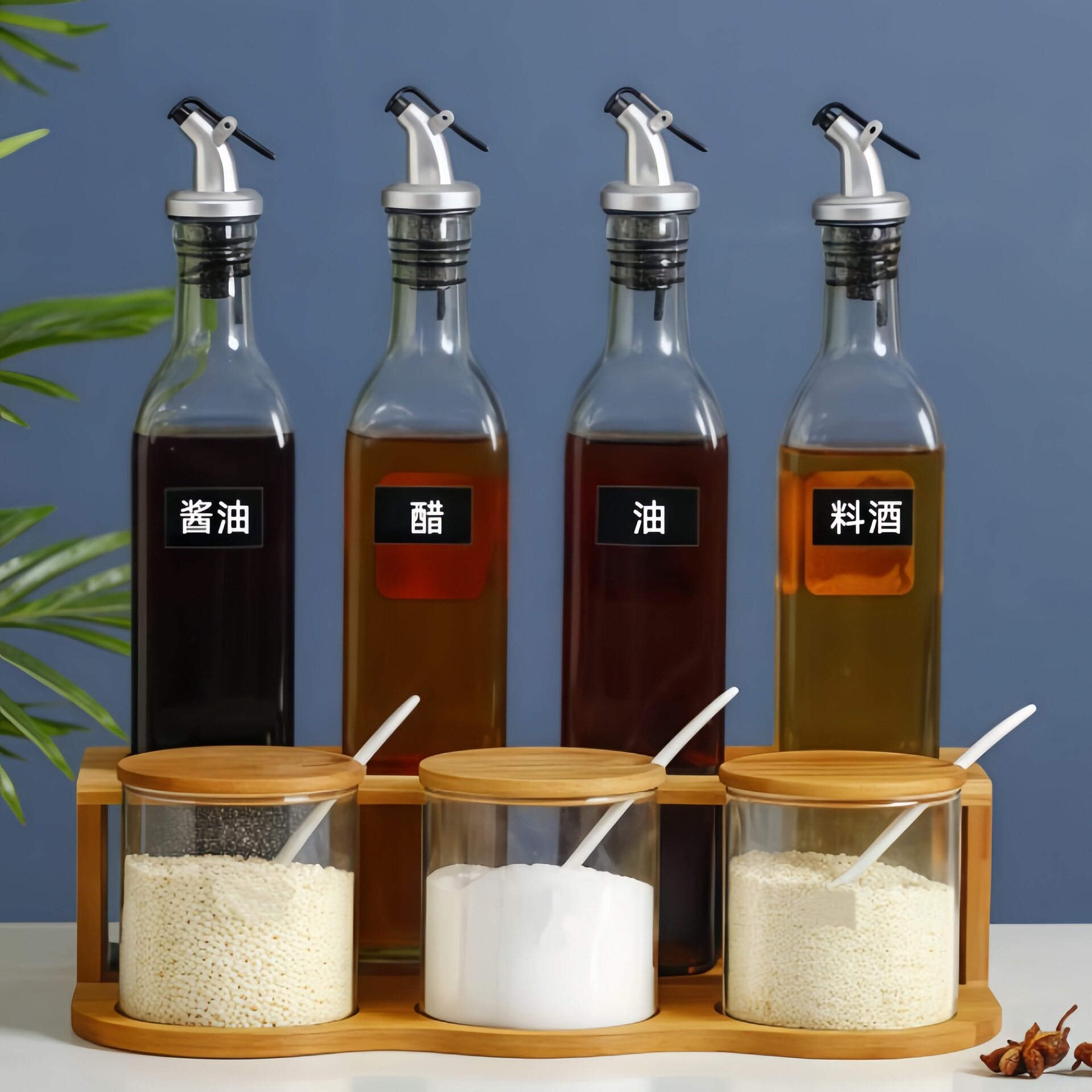 厨房玻璃调味罐酱油醋瓶置物架玻璃油壶调料瓶味精盐罐木架子套装