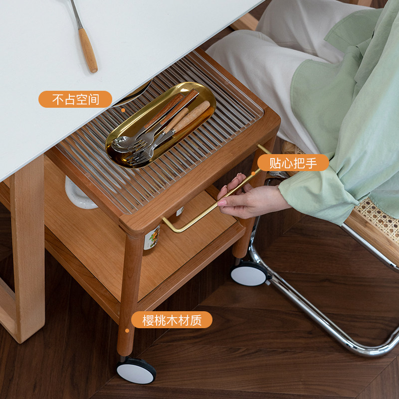 北欧日式实木小推车边几可移动客厅家用茶几小户型樱桃木玻璃角几