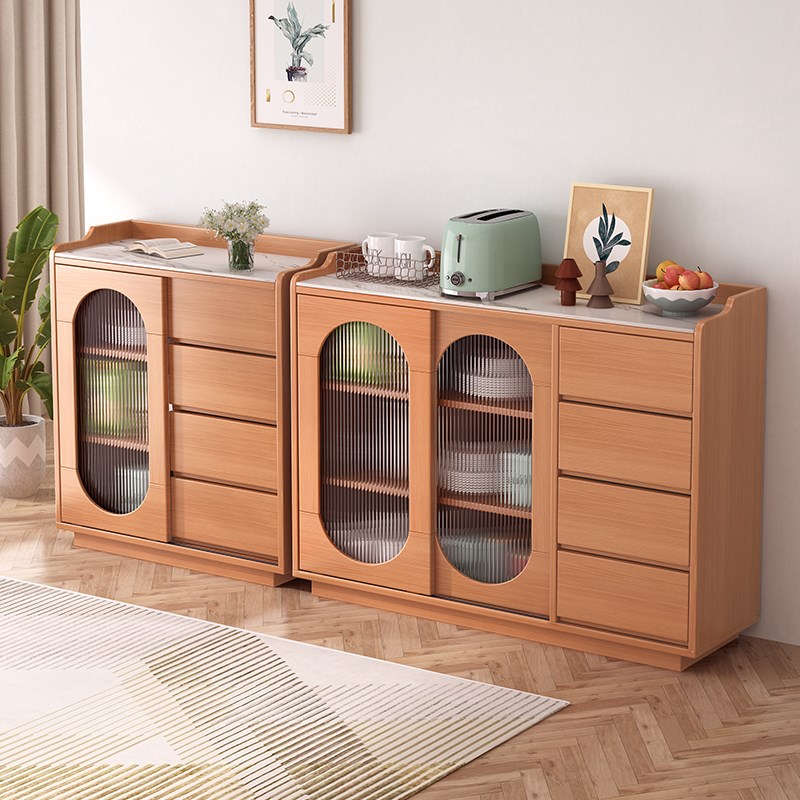 全实木餐边柜家用岩板储物柜客厅落地多功能置物柜厨房推拉门碗柜