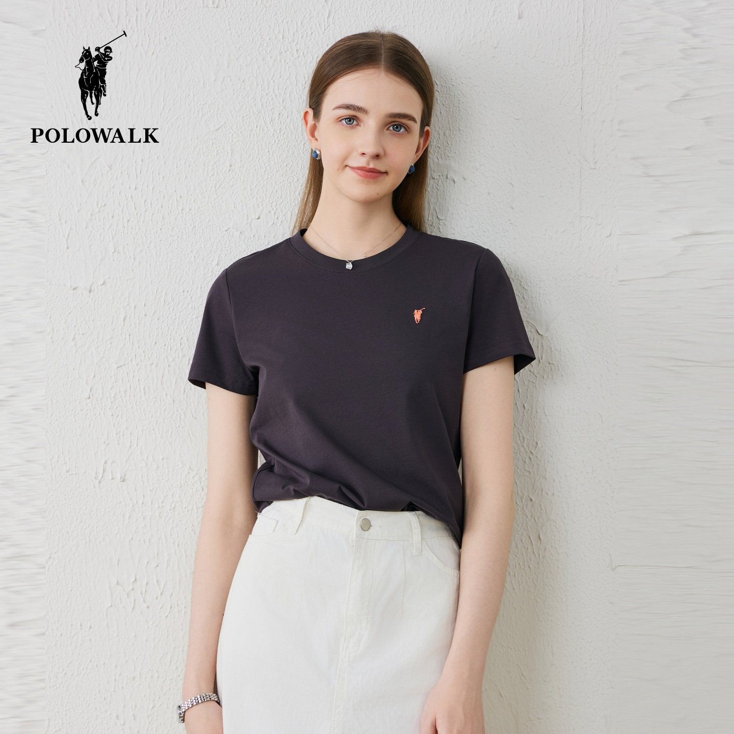 【520礼物】POLOWALK女士短袖t恤夏季新款百搭正肩显瘦纯