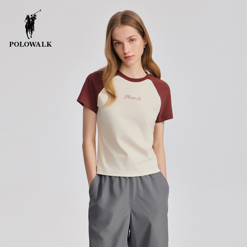 POLOWALK女士短袖圆领T恤2026夏季新款撞色短款半袖上衣修身百搭