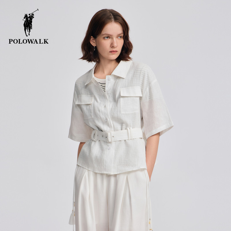 POLOWALK女装2026夏季新款女士亚麻混纺短袖衬衫时尚设计