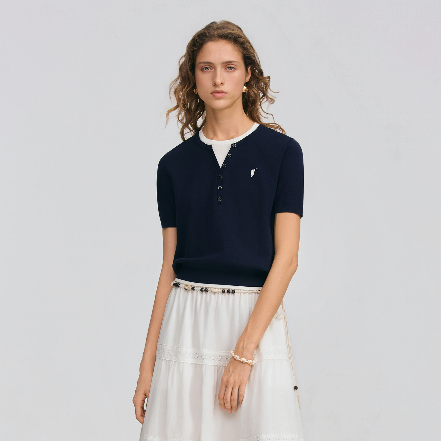 POLOWALK女士短袖针织衫2026夏季新款双层领假两件套头短袖T恤衫