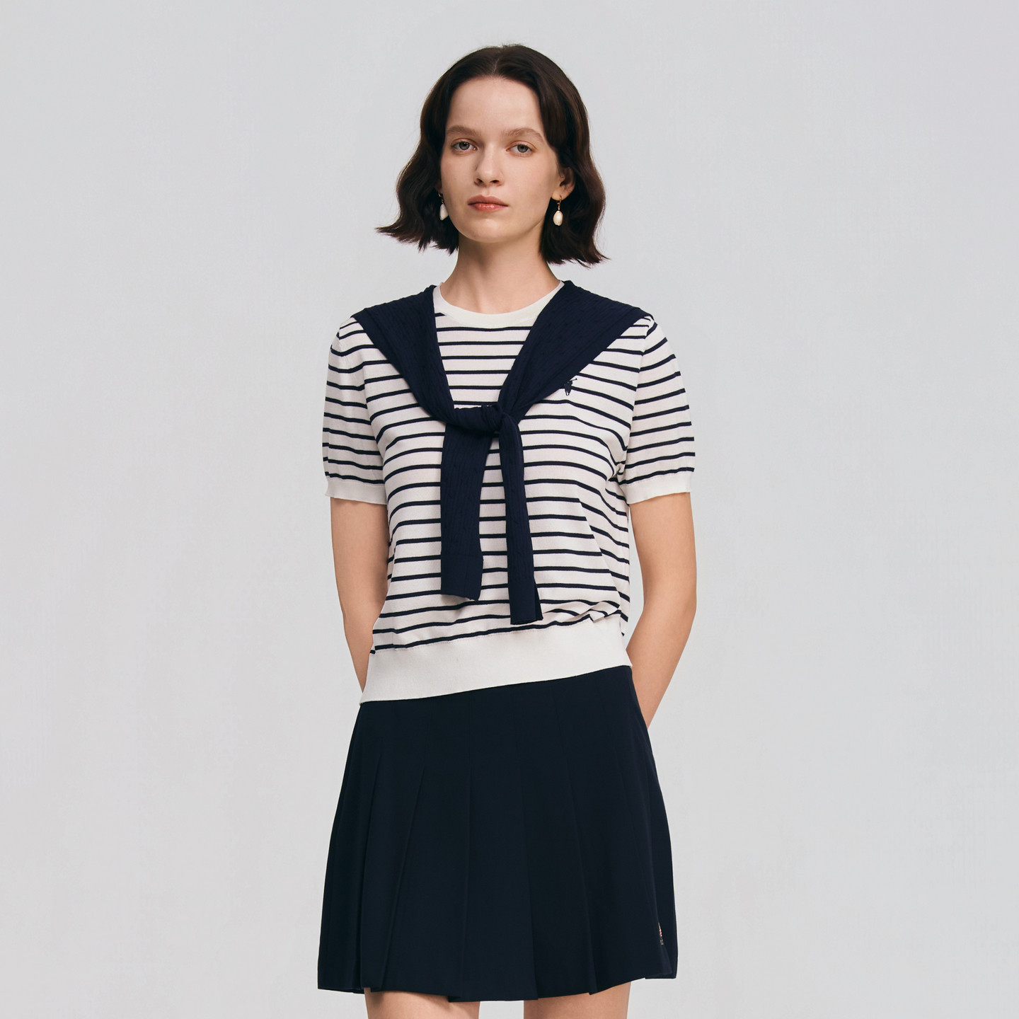 POLOWALK女士短袖针织衫2026春夏新款披肩慵懒风圆领条纹