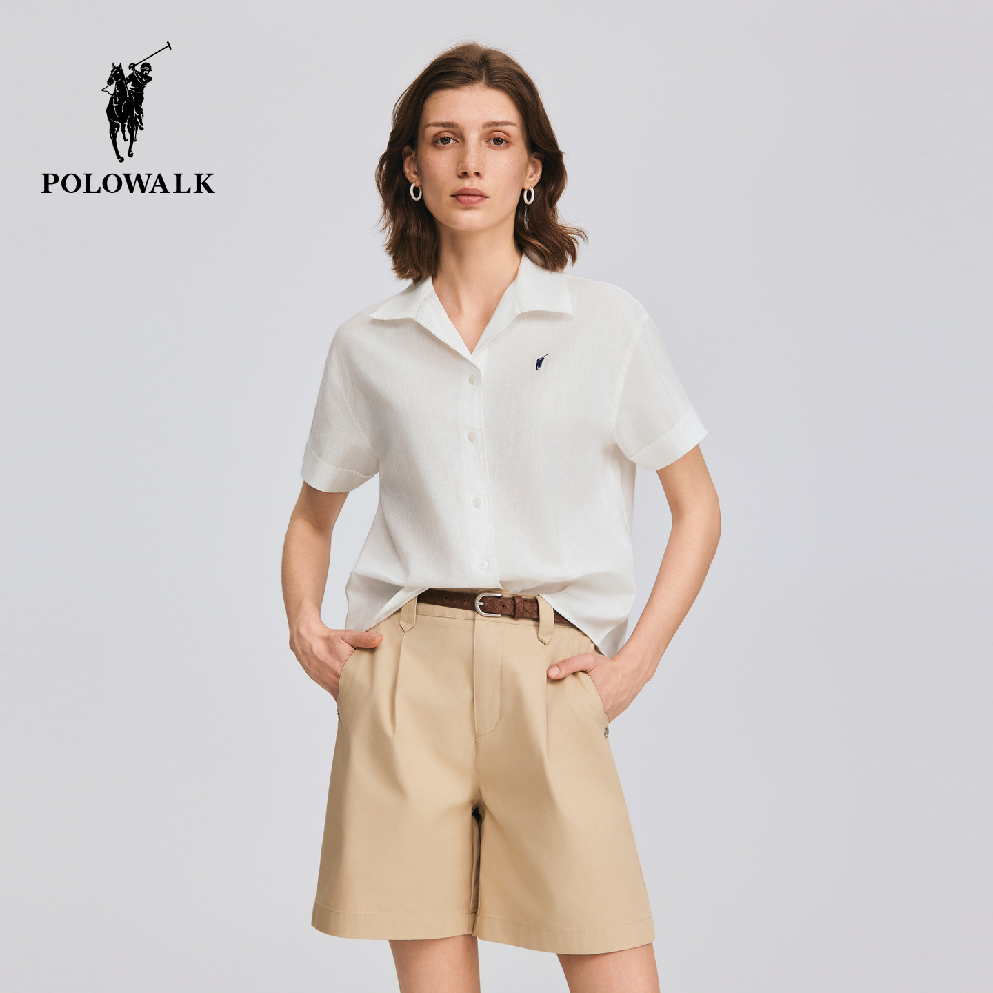 POLOWALK女士短袖衬衫2026夏季新款纯色经典翻领T恤棉麻舒适上衣
