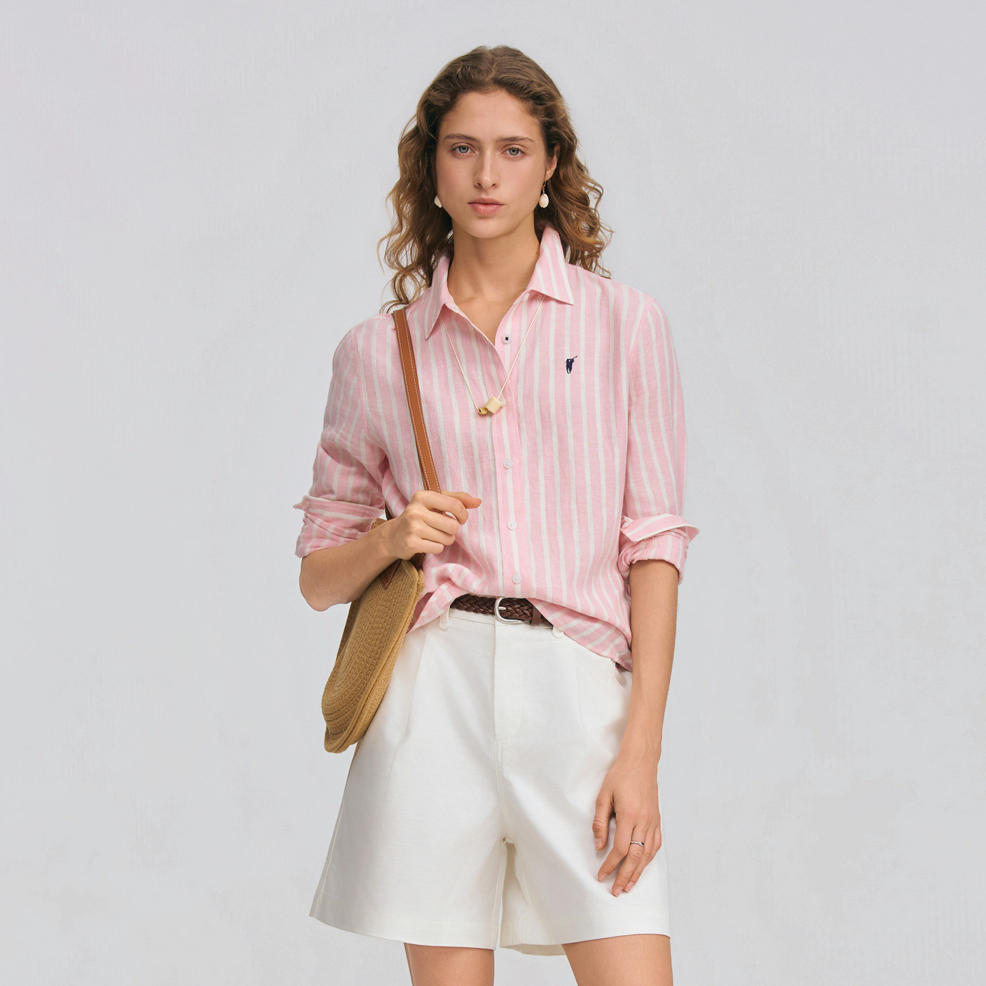 POLOWALK女士长袖衬衫2026春季新款撞色条纹翻领通勤休闲