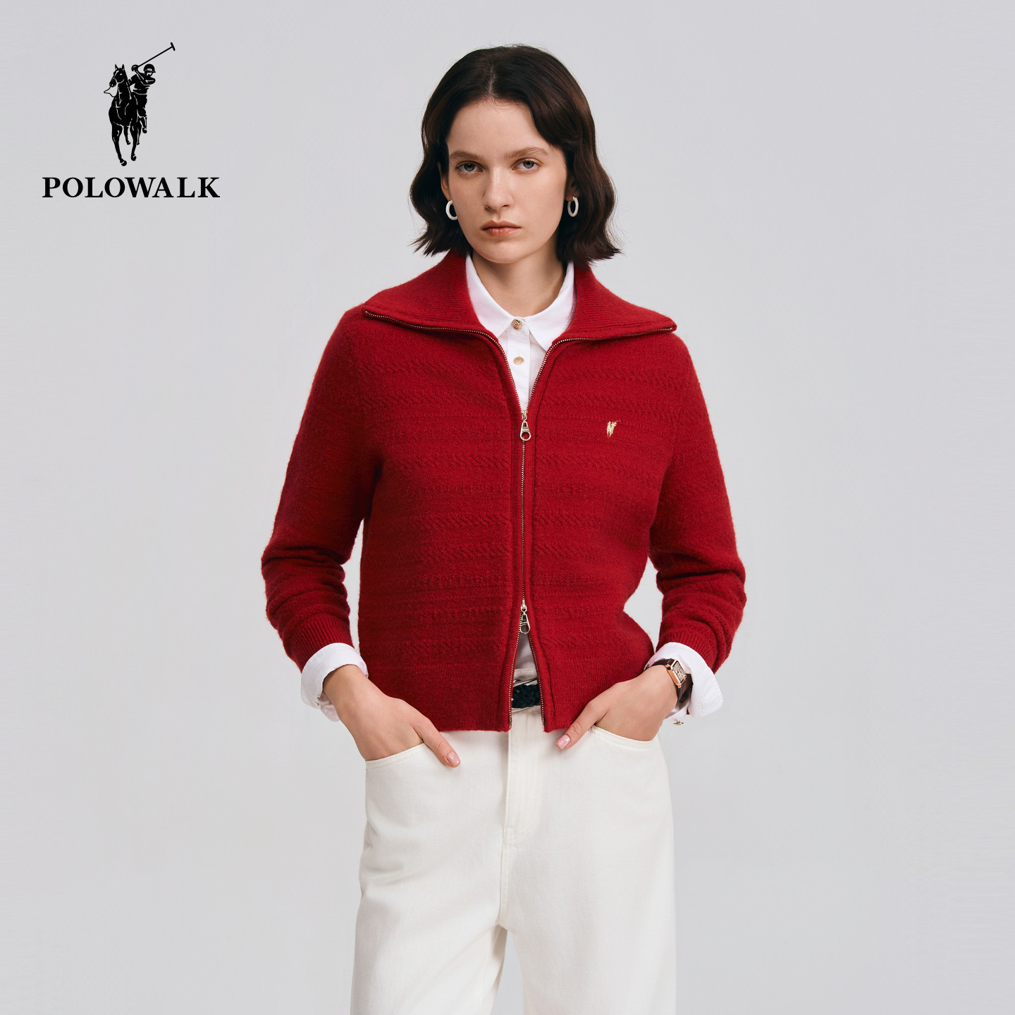 POLOWALK女装针织衫2026春季新款女士翻领针织衫开衫拉链红色毛衣