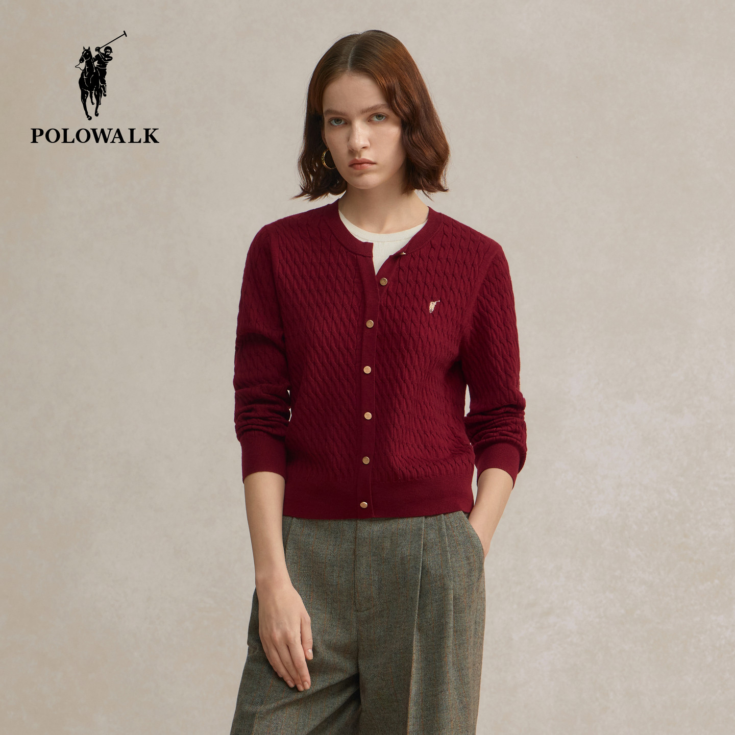 【特惠】POLOWALK女士绞花毛衣针织衫开衫薄款新年红内搭上衣