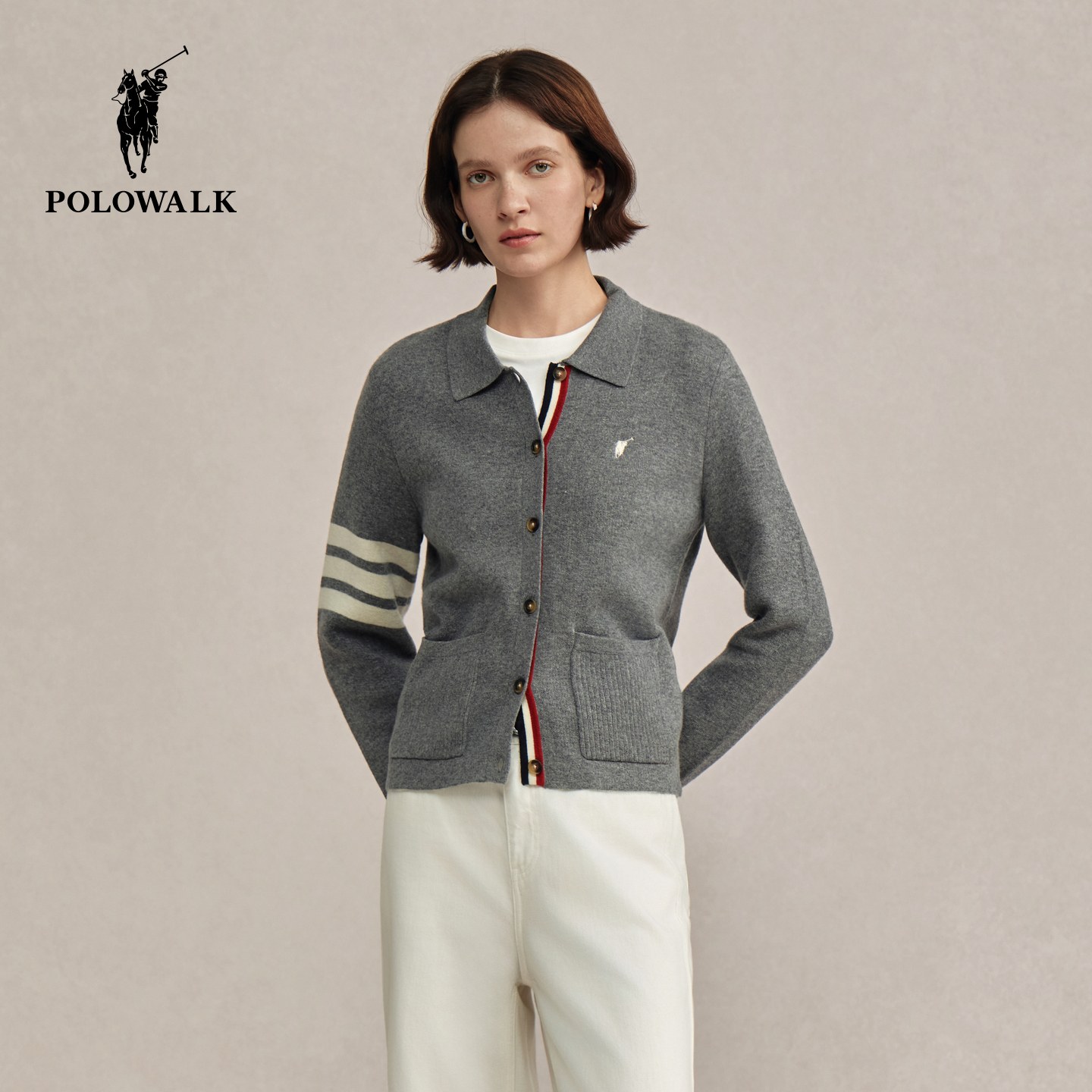 POLOWALK女士针织衫开衫翻领撞色