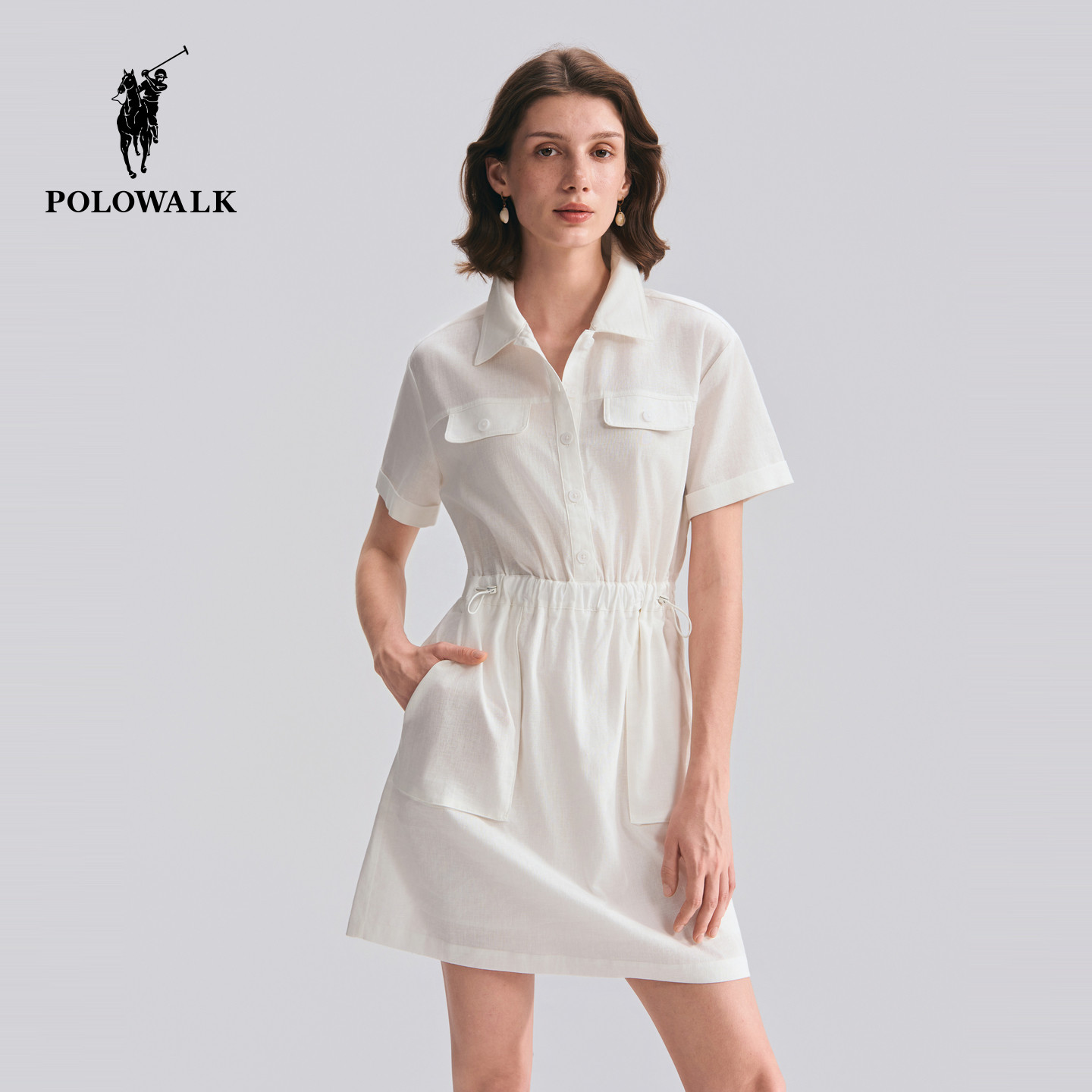POLOWALK女士短袖连衣裙棉麻裙子
