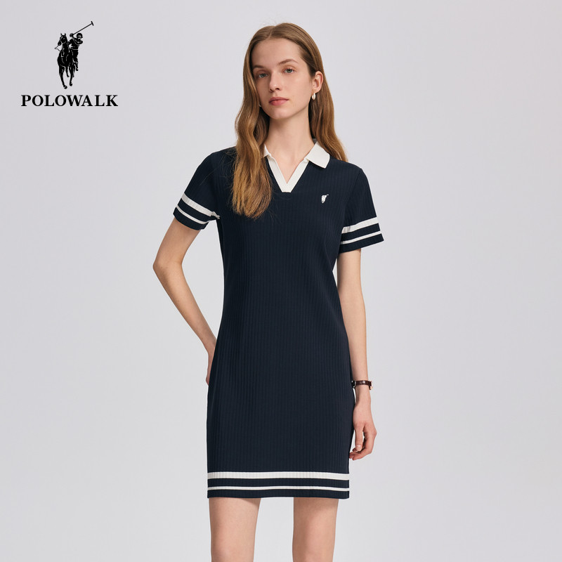 POLOWALK女士短袖针织连衣裙2026夏季新款撞色V领包臀裙