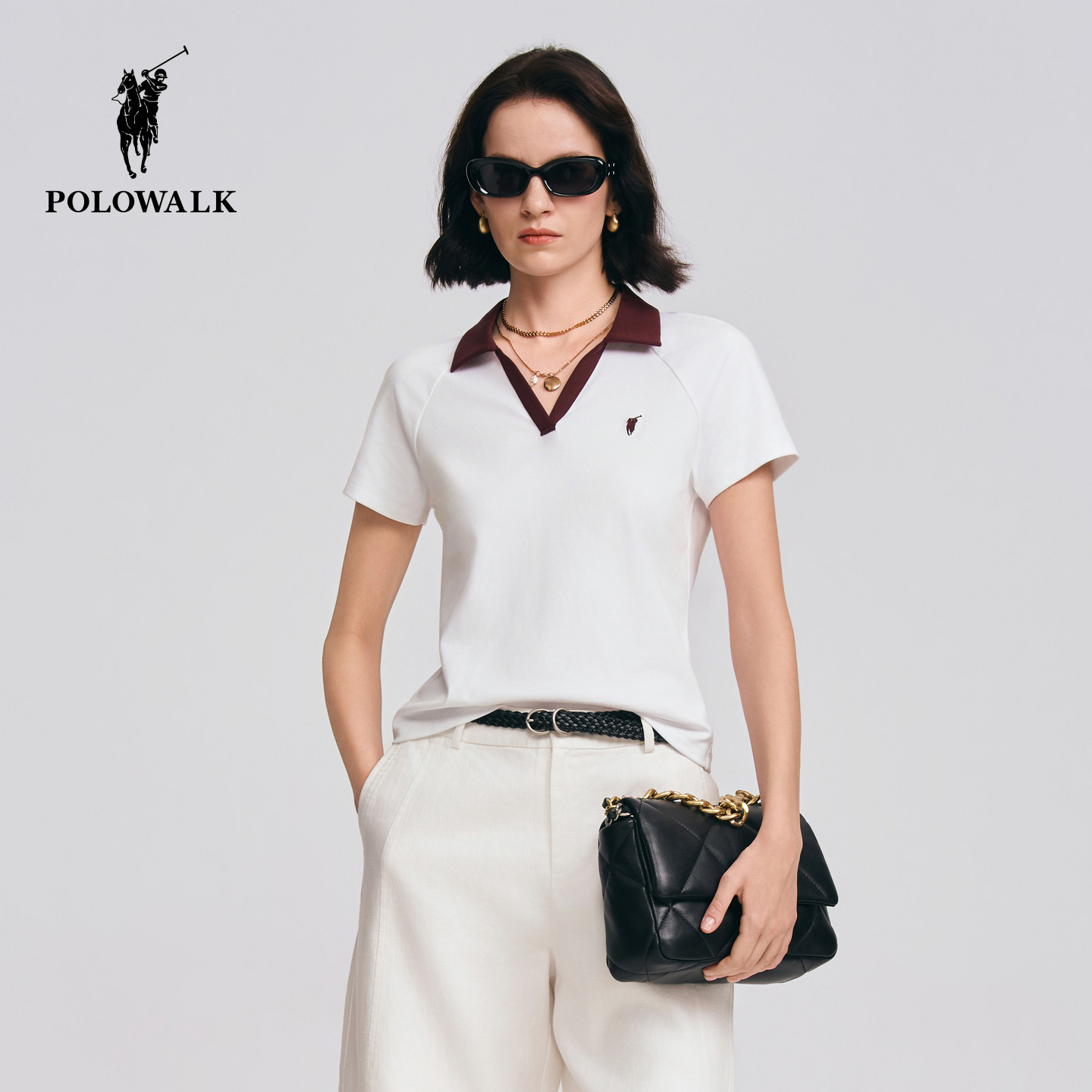 POLOWALK女士短袖2026夏季新款时尚撞色剪刀领T恤通勤休