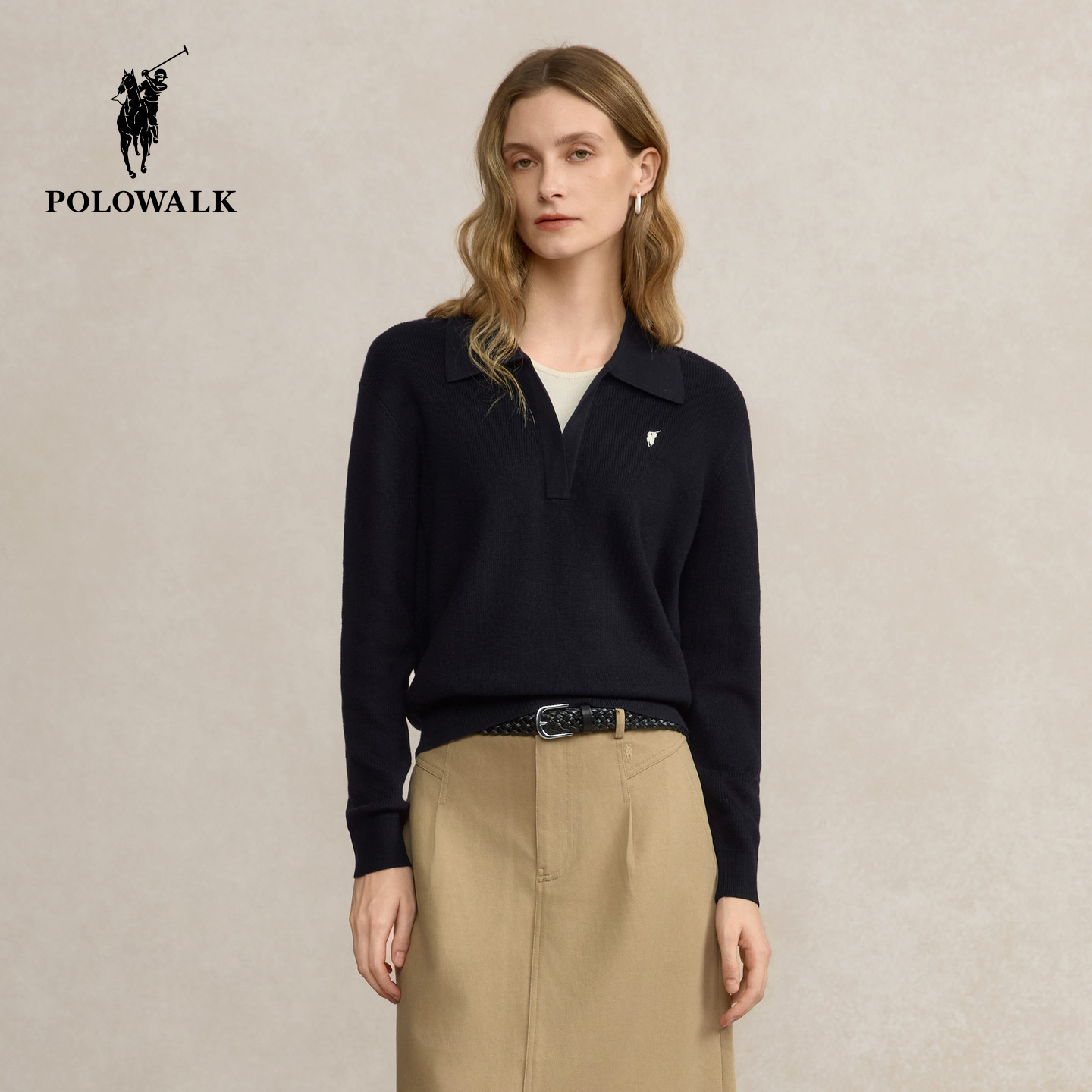 POLOWALK女士长袖针织衫翻领宽松