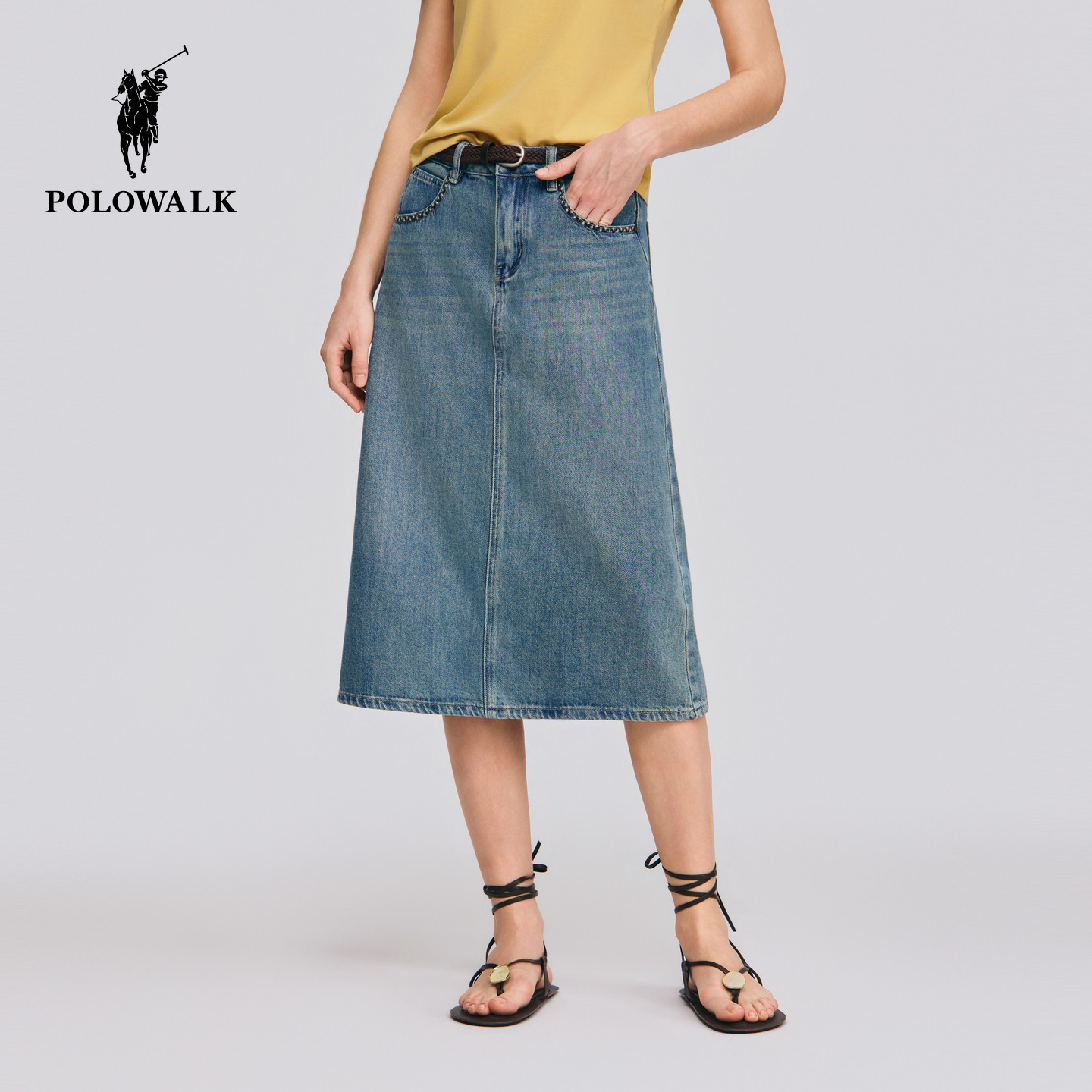 POLOWALK女士牛仔裙2026春夏新款后开叉直筒半身裙经典百搭直筒裙