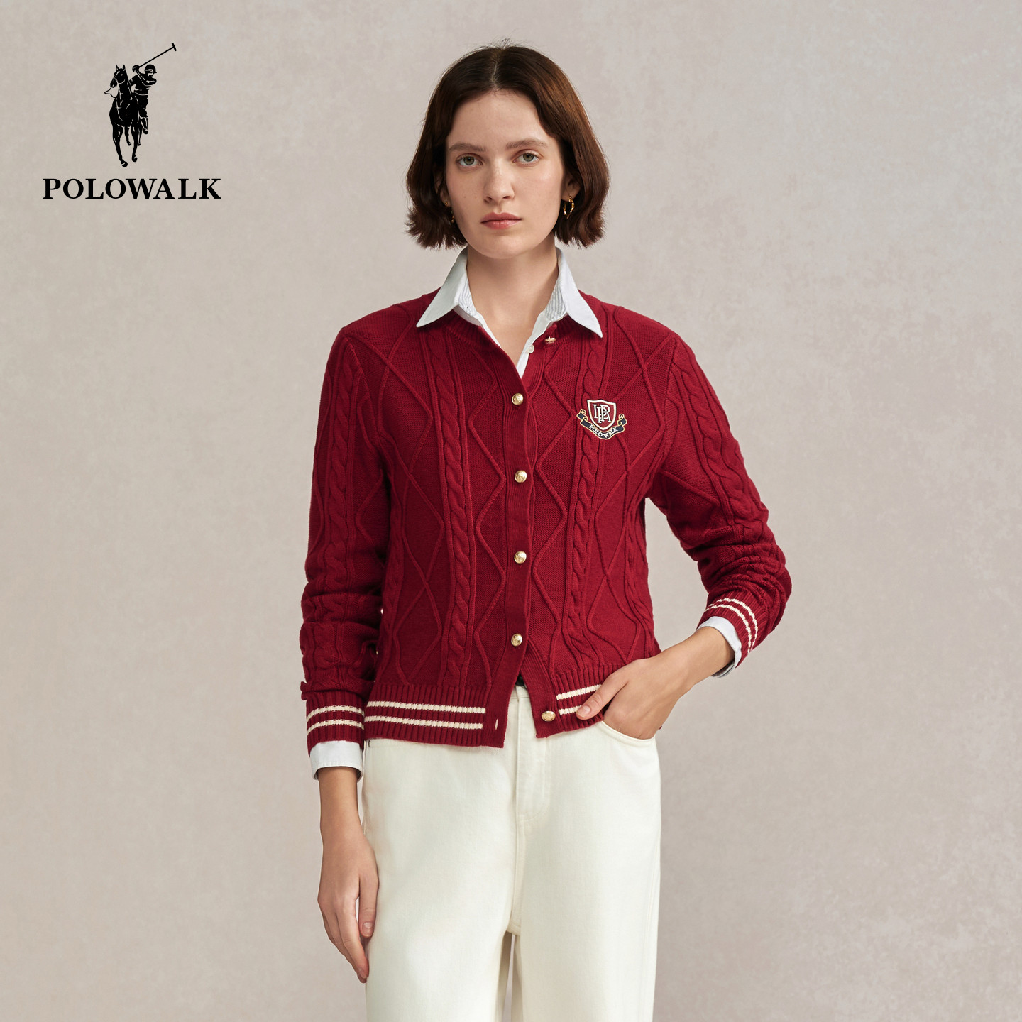 POLOWALK红色毛衣2025秋冬新款女士长袖针织衫学院风开衫外套上衣